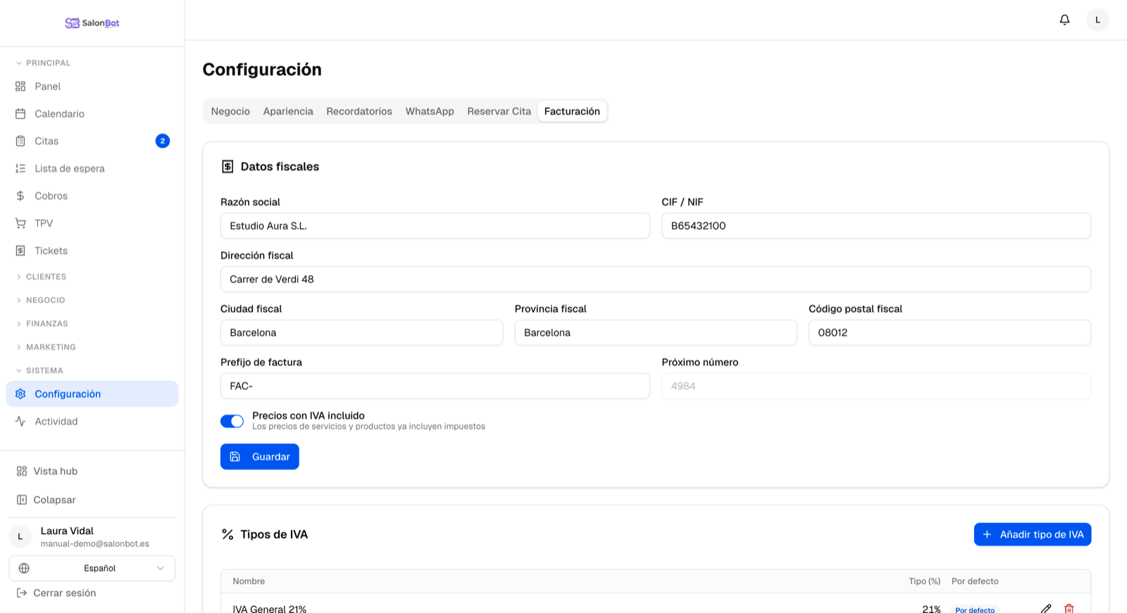 Configuración de facturación de SalonBot con tipos de IVA españoles