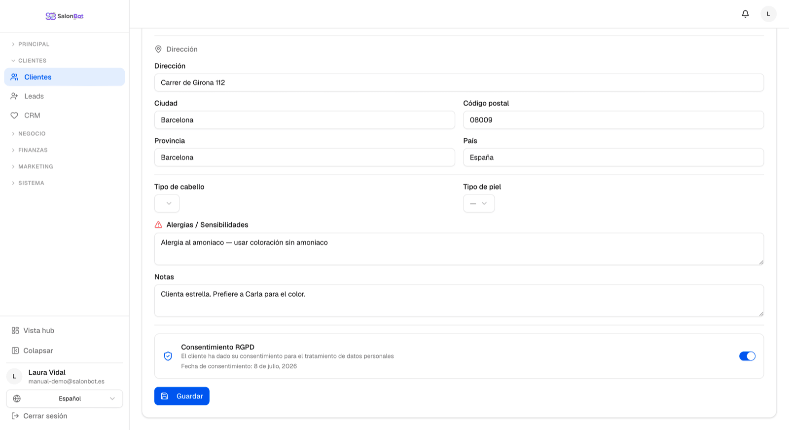 Consentimiento RGPD en la ficha de clienta de SalonBot