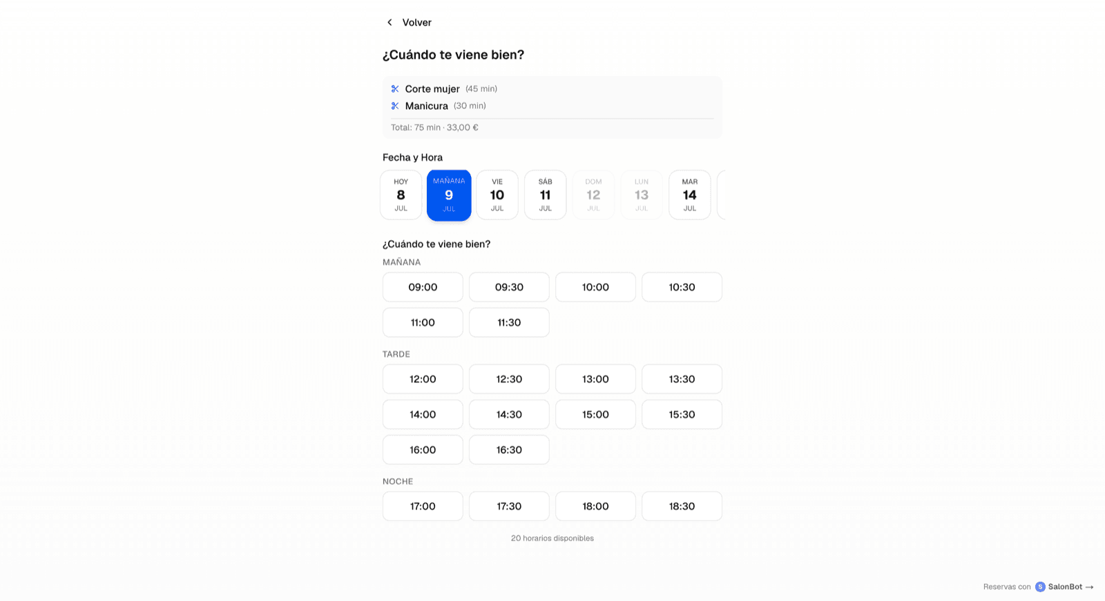Widget de reservas de SalonBot: la clienta elige servicio, profesional, fecha y hora
