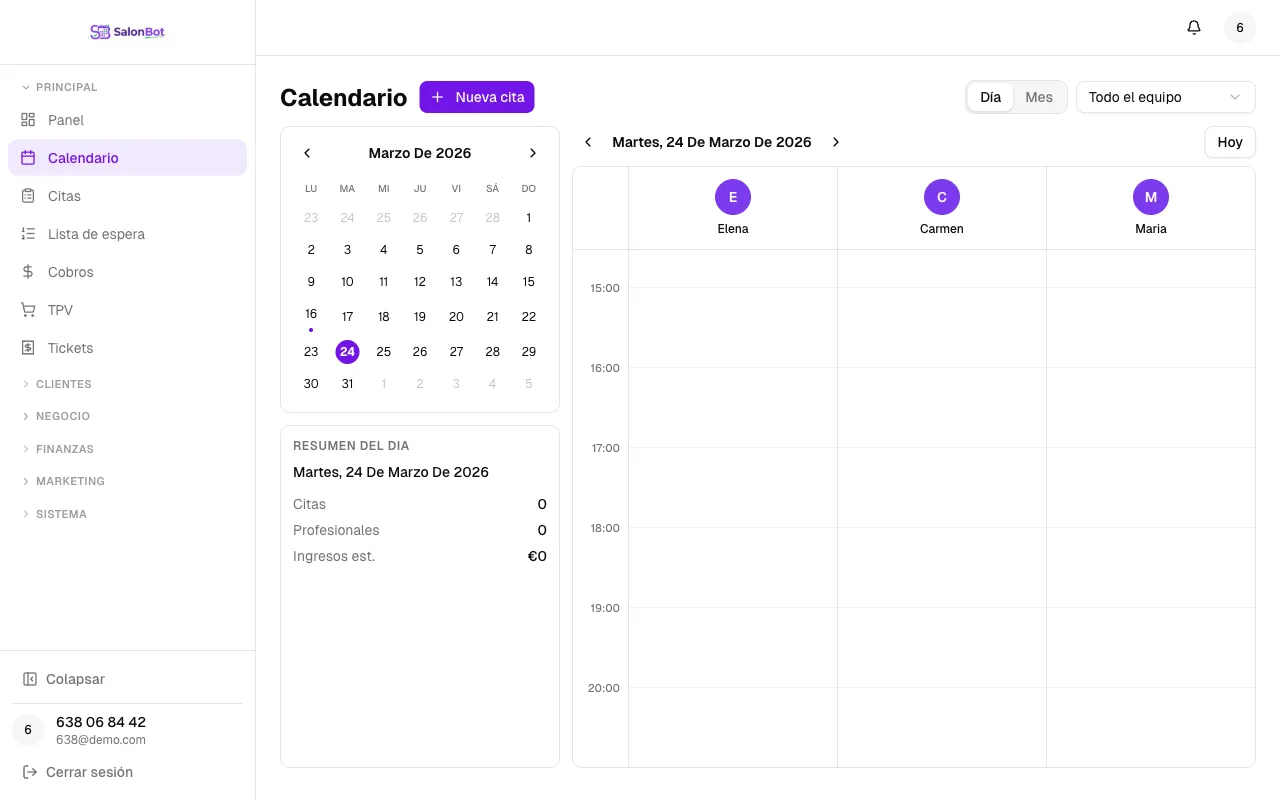 Calendario inteligente de SalonBot con vista por estilista