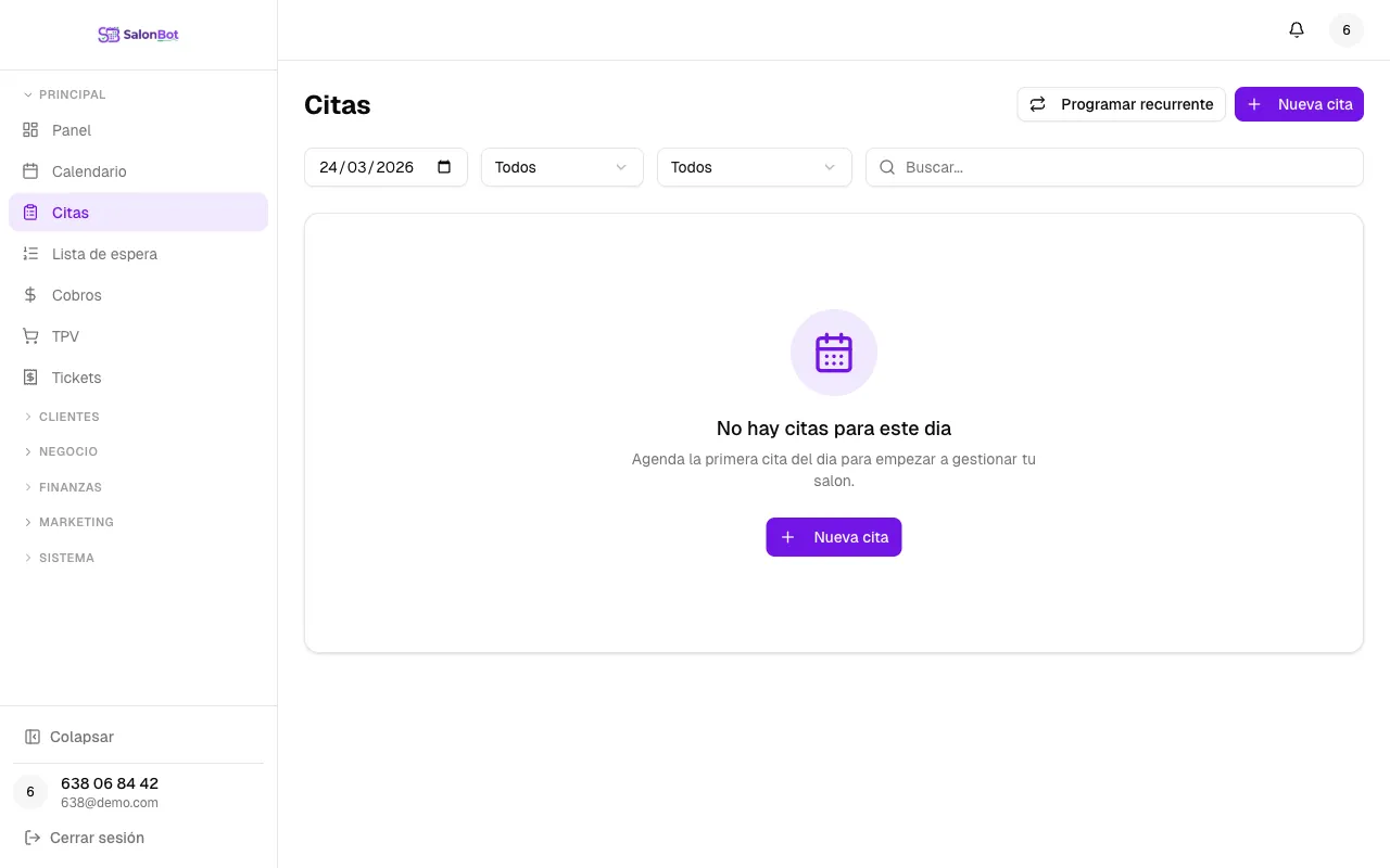 Panel de gestión de citas con estados y acciones rápidas
