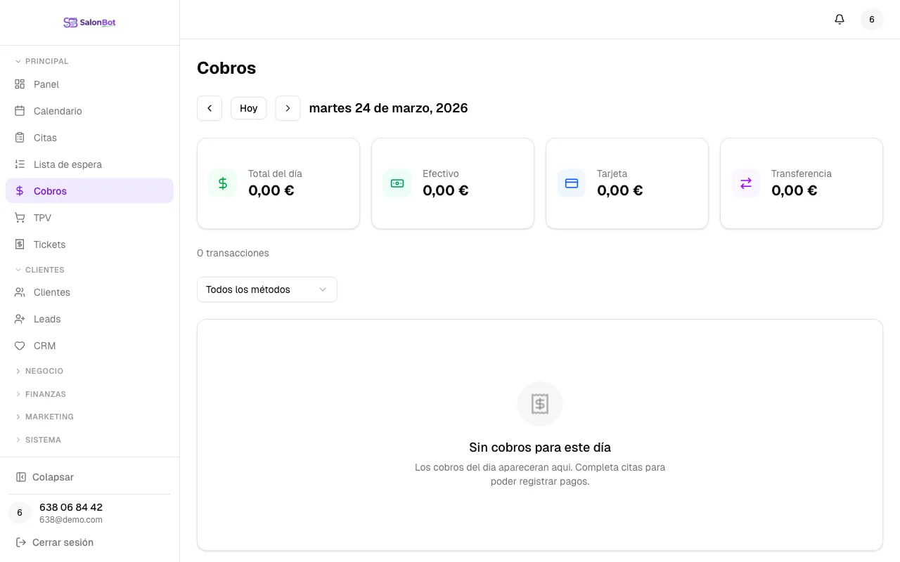 Módulo de caja y cobros de SalonBot con métodos de pago