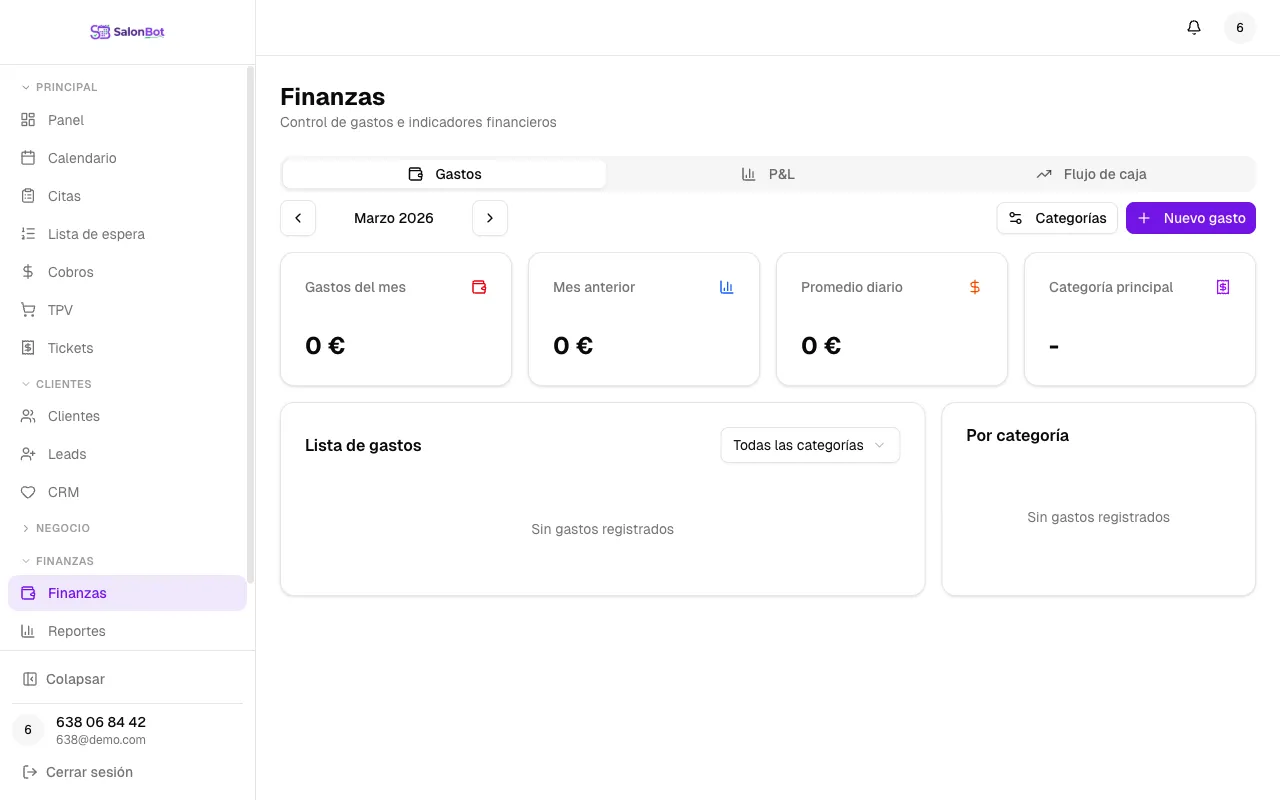 Panel de finanzas de SalonBot con P&L y flujo de caja
