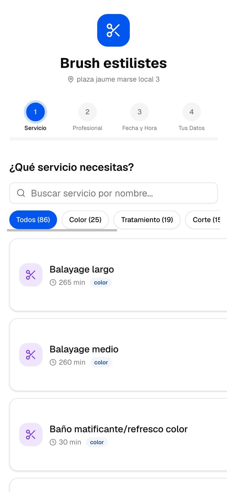 Página de reservas online de Brush Estilistes en SalonBot