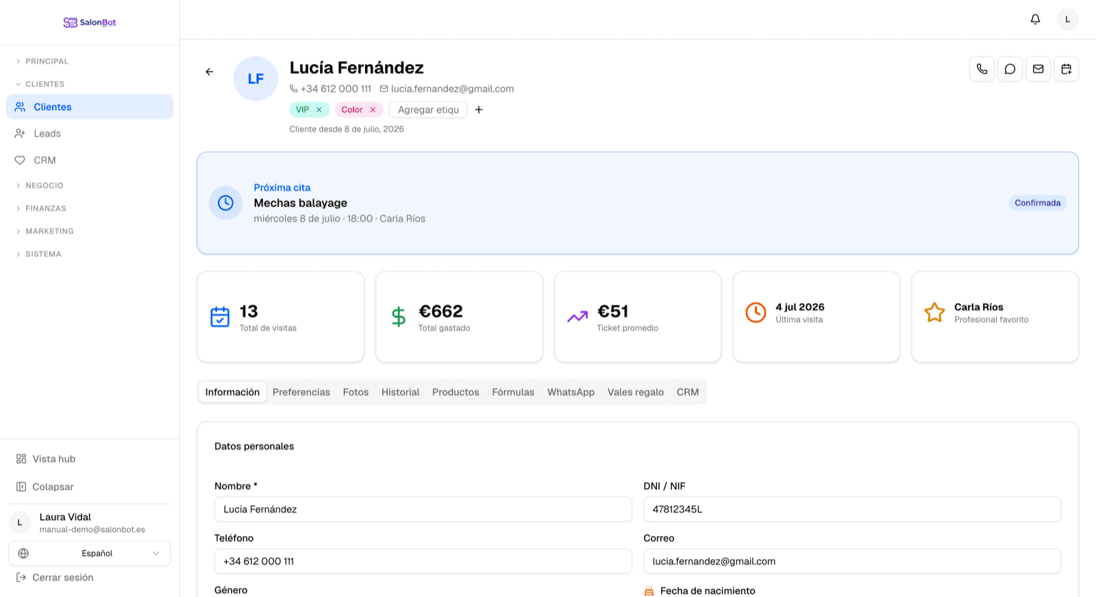 Ficha de clienta en SalonBot