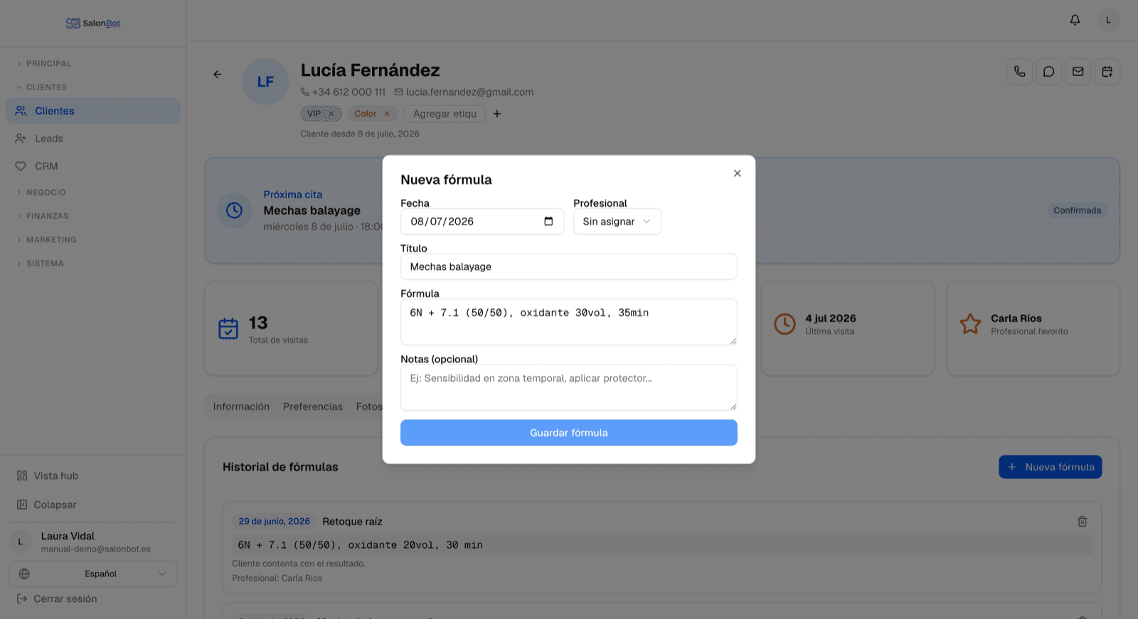 Historial de fórmulas de color en la ficha de una clienta en SalonBot